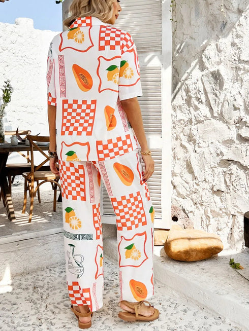 'Splendory' Collared Print Top and Pants Set - Celes Fashion